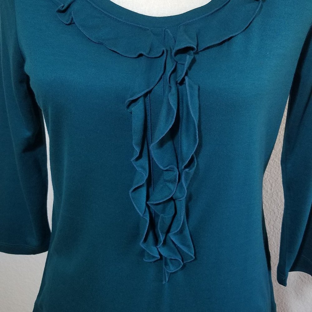 Talbots Petites Green Shirt 3/4 Sleeve Ruffle Top Solid Women's Holiday S P - Picture 3 of 4